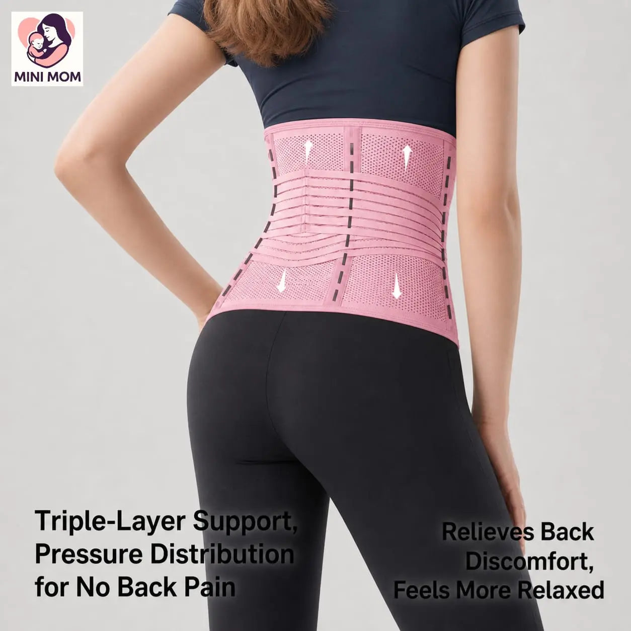 Person wearing a pink postpartum support belt with text about its benefits on a gray background.