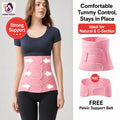 Woman wearing a pink postpartum abdominal support belt with product details on a gray background