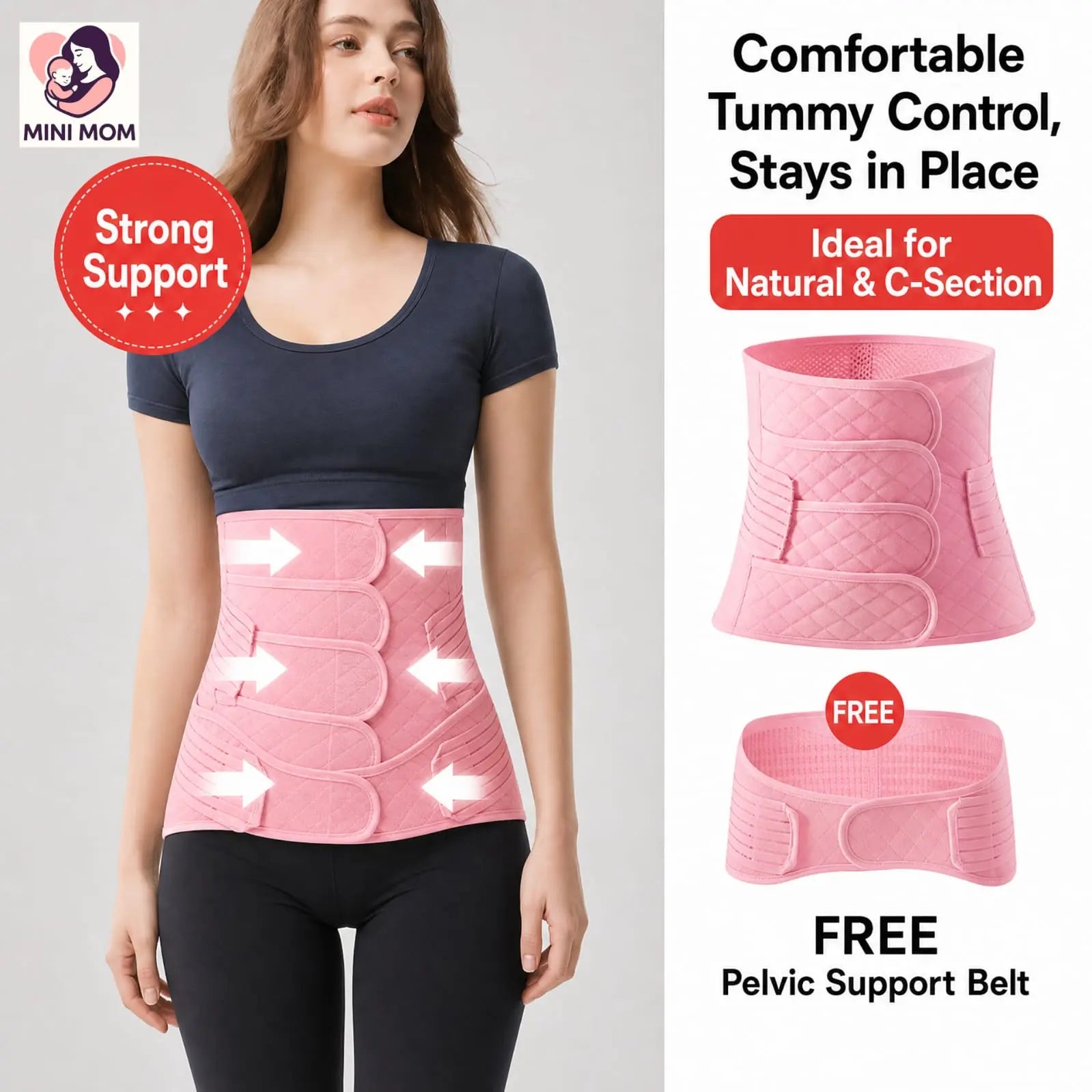 Woman wearing a pink postpartum abdominal support belt with product details on a gray background