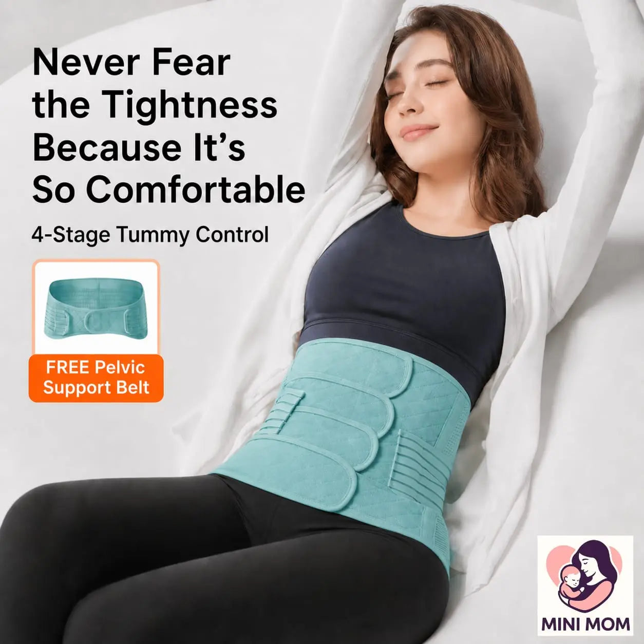 Woman wearing a teal postpartum tummy control belt with promotional text and MINI MOM logo.