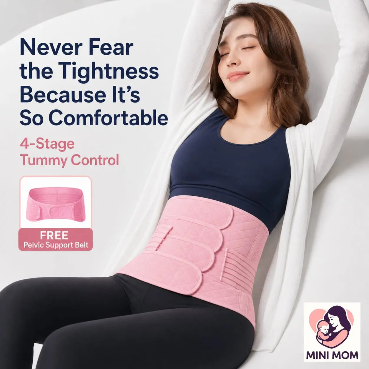 Woman wearing a pink 4-stage postpartum tummy control belt with text about comfort and a free pelvic support belt offer.