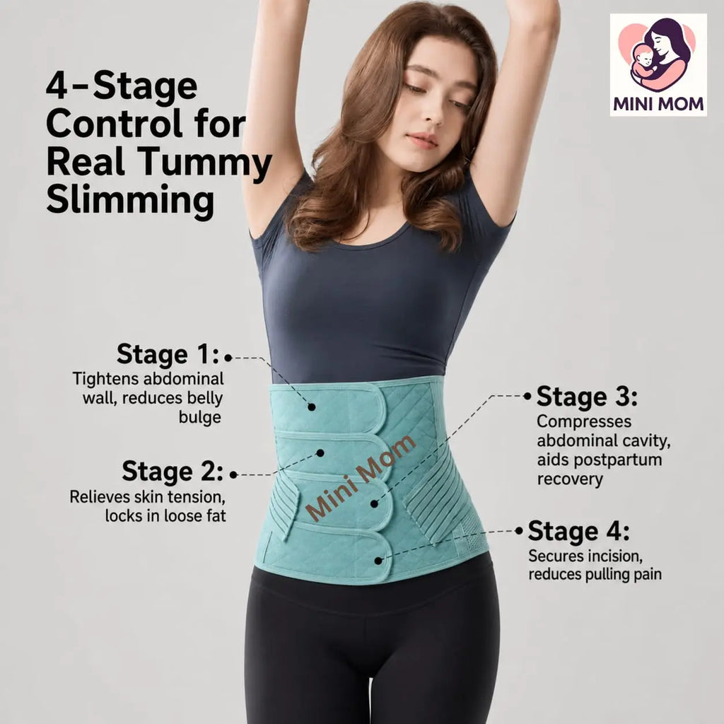 Woman wearing a teal porstpartum belly belt waist trainer with text describing its stages on a gray background, featuring the Mini Mom brand.