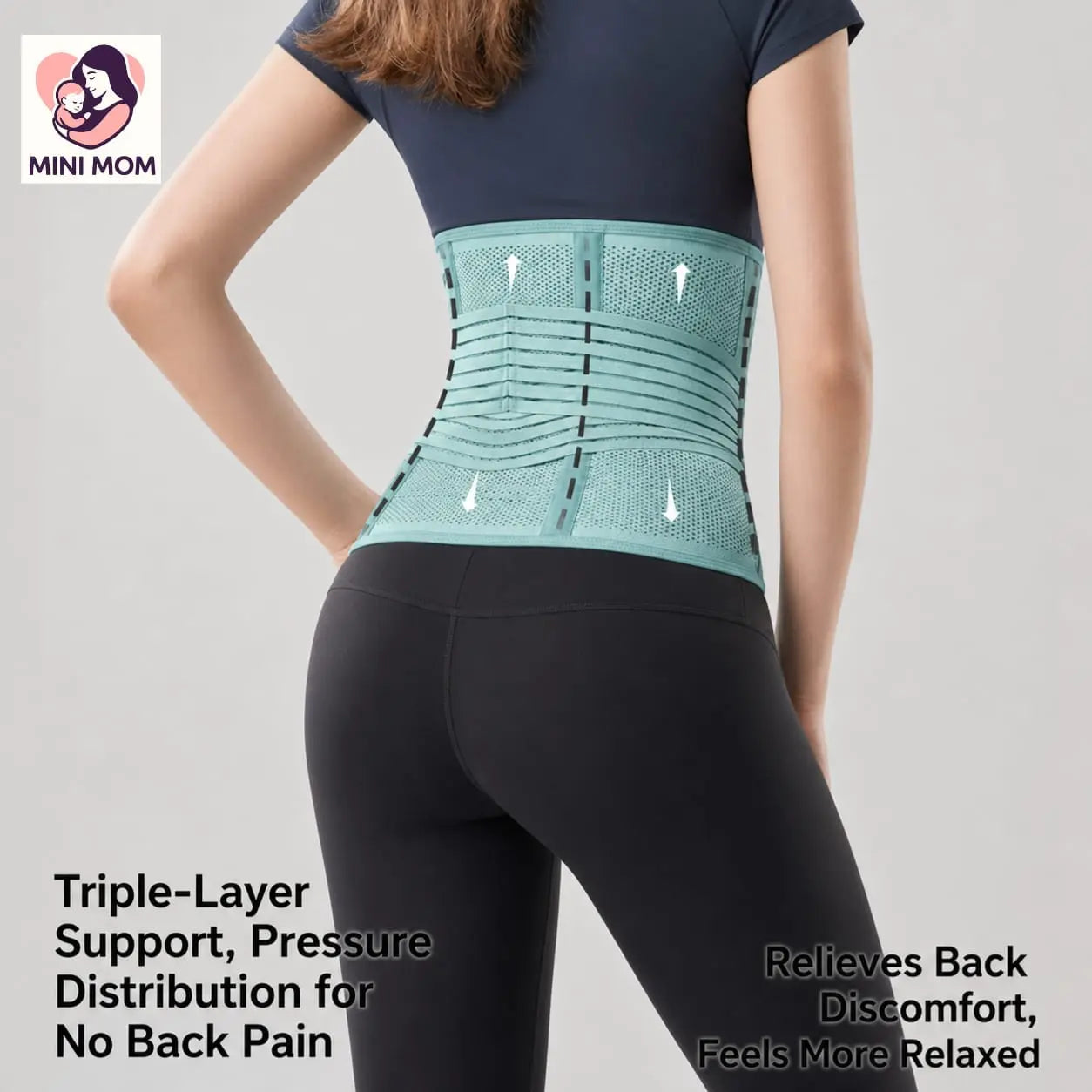 Person wearing a green postpartum back support brace with text about its benefits on a light gray background.