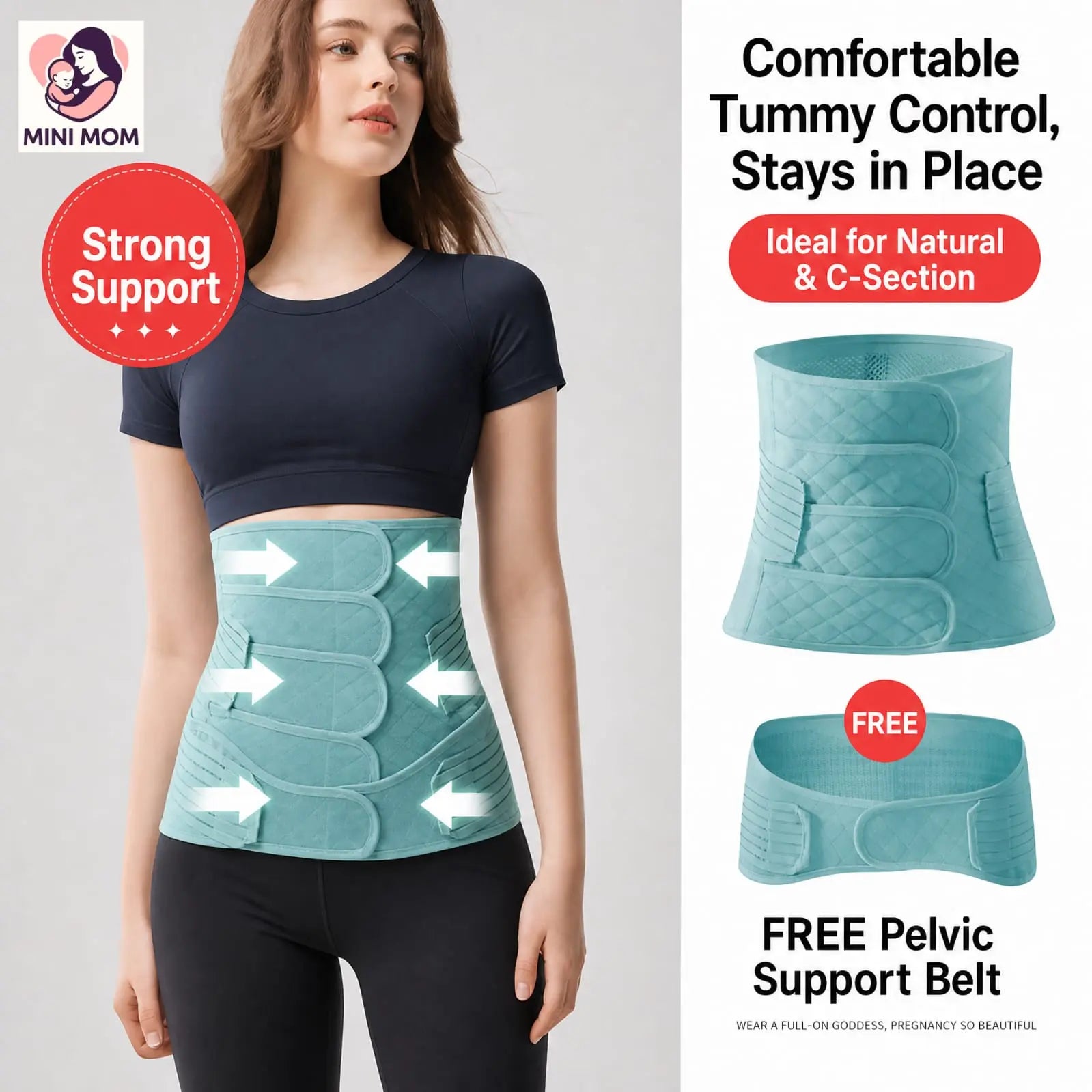 Woman wearing a teal postpartum abdominal support belt with promotional text and branding on a gray background.