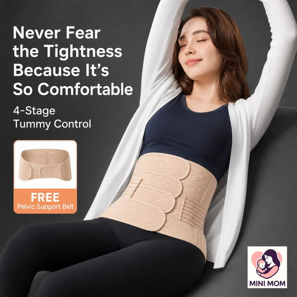Woman wearing a postpartum tummy control belt with promotional text and branding on a dark background