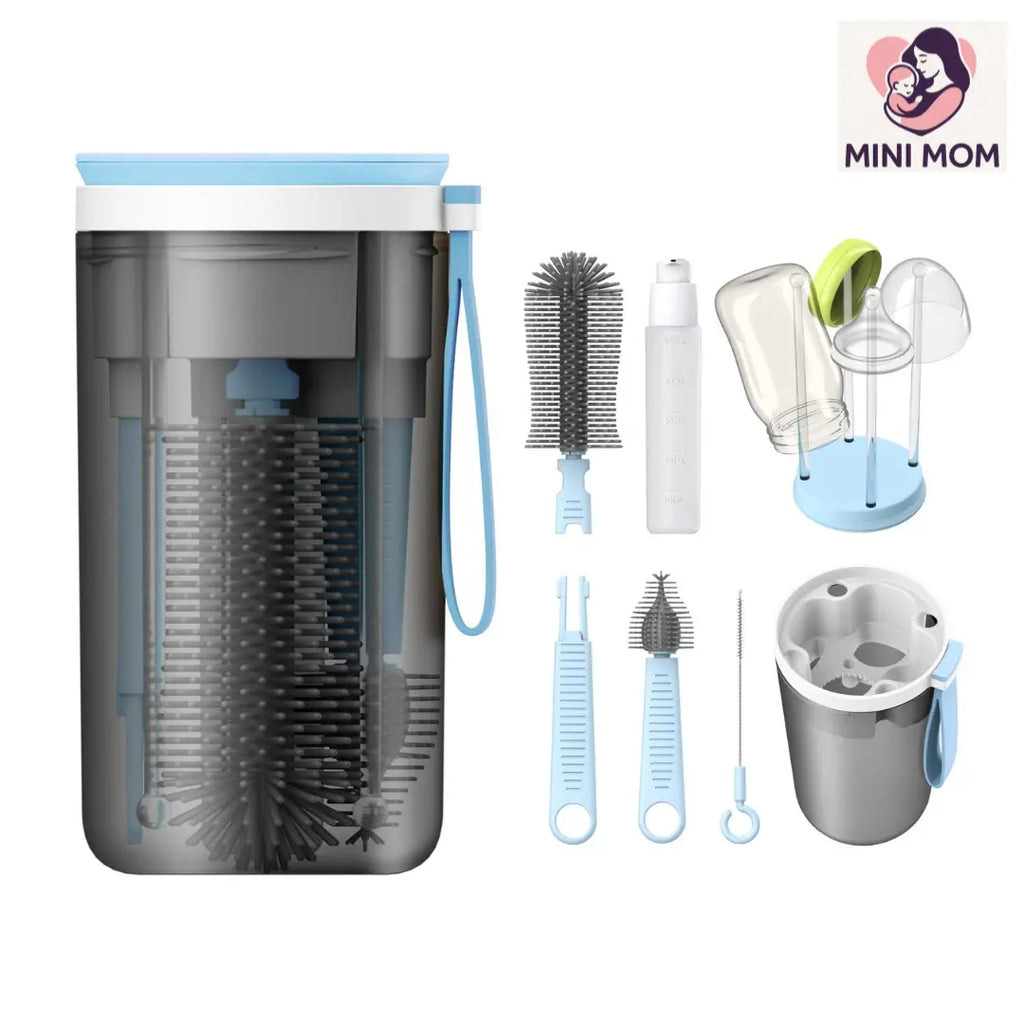 Collection of baby bottle cleaning tools and accessories with 'MINI MOM' branding.