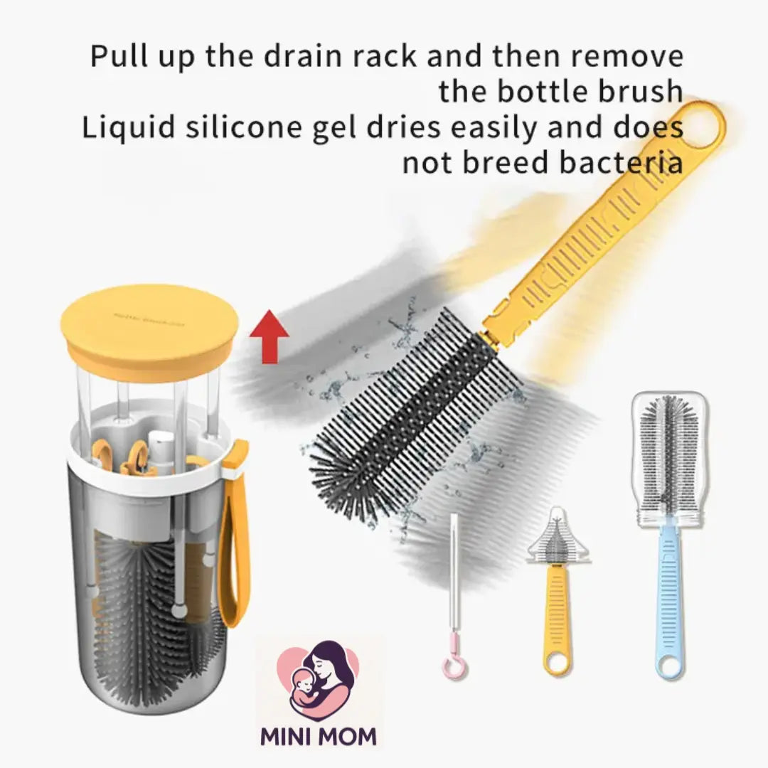Bottle cleaning brush set with instructions and MINI MOM branding.