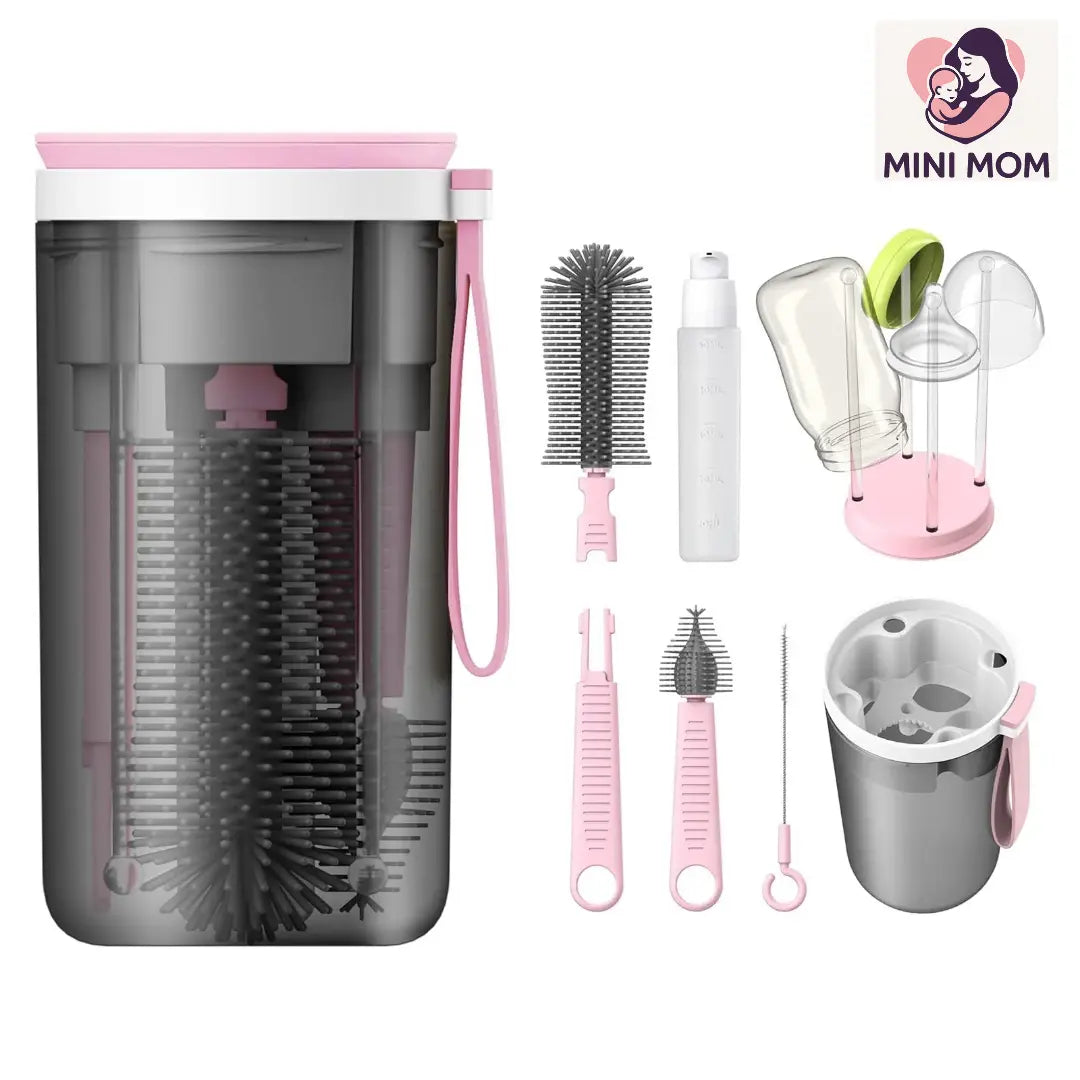 Collection of baby bottle cleaning tools with a MINI MOM logo in the corner.