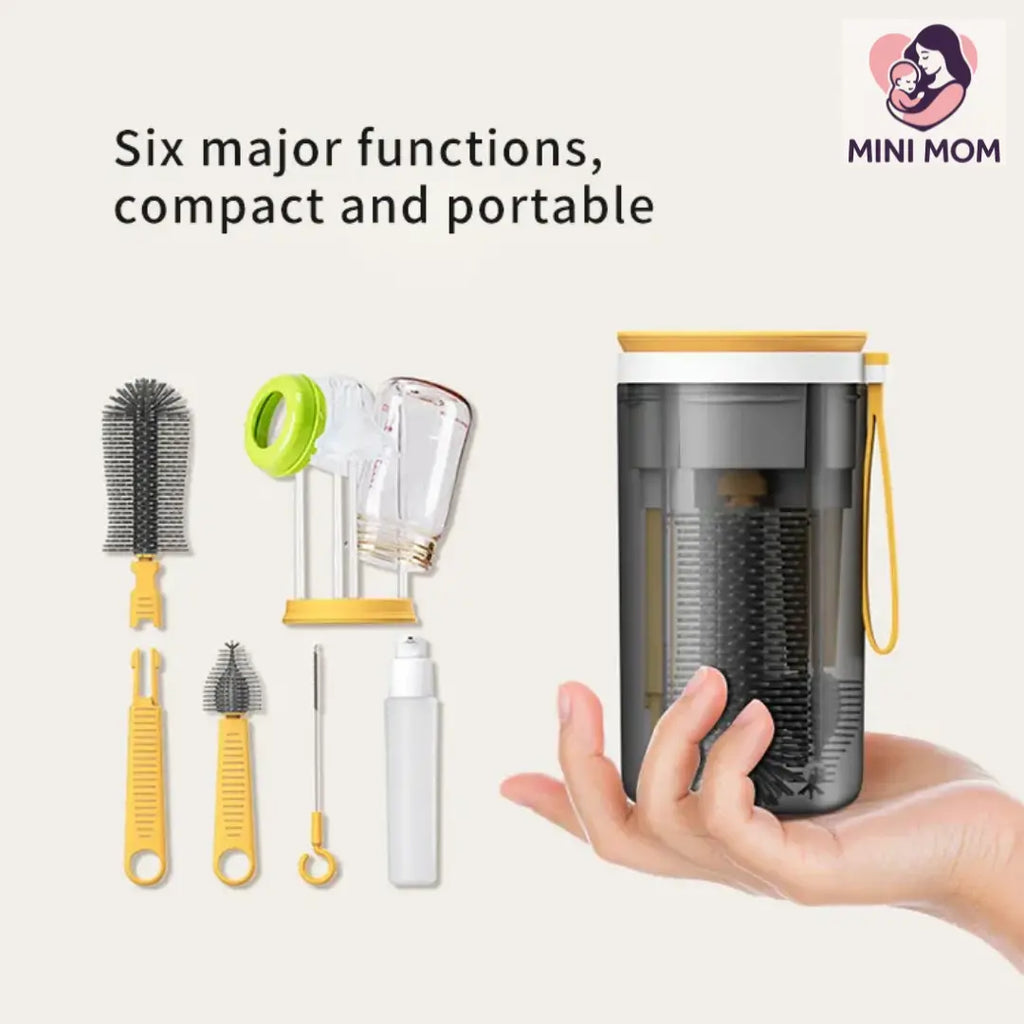 Set of baby bottle cleaning tools with a portable container, labeled 'MINI MOM'.