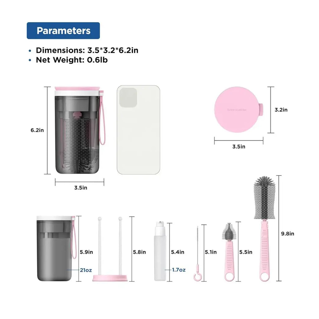 Measurement chart showing dimensions and weights of various baby bottle cleaning tools and containers.