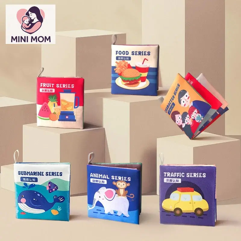 Colorful children's books on geometric blocks with 'MINI MOM' branding.