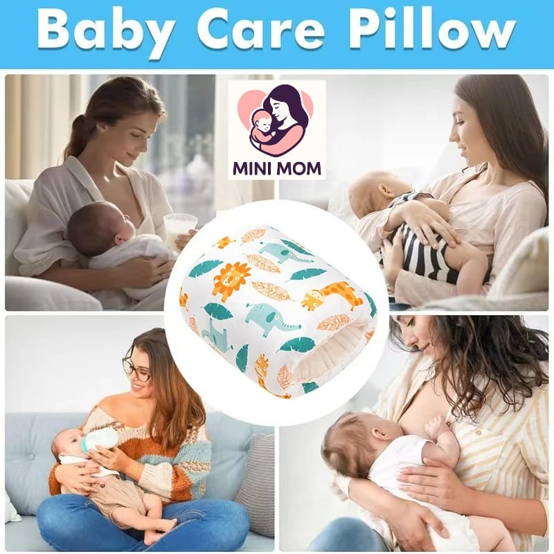 Baby care pillow with women breastfeeding and a collage of images featuring the product.