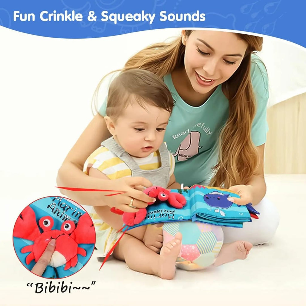 Woman and child playing with a crinkle and squeaky sound book