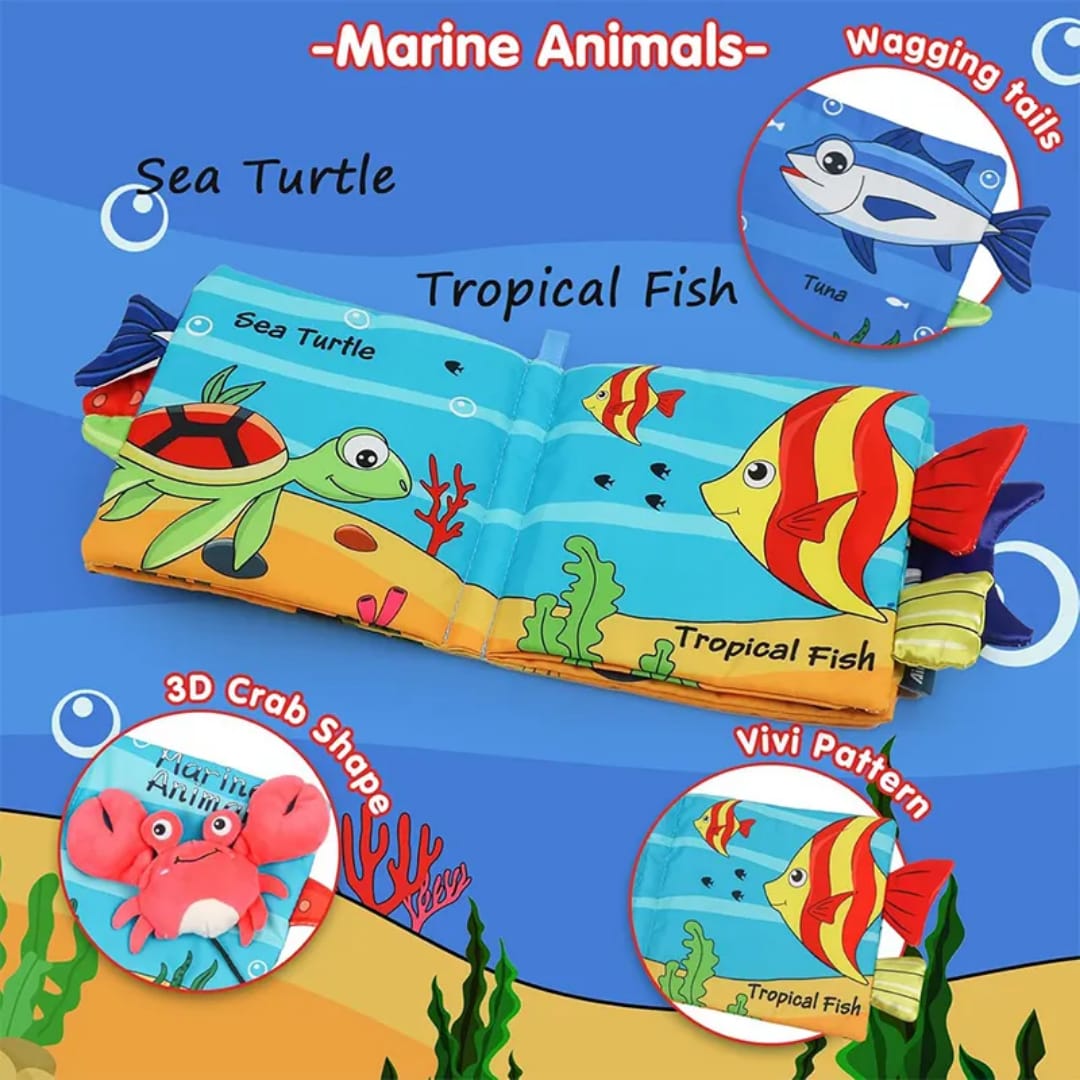 Children's educational toy with marine animal designs on a blue background