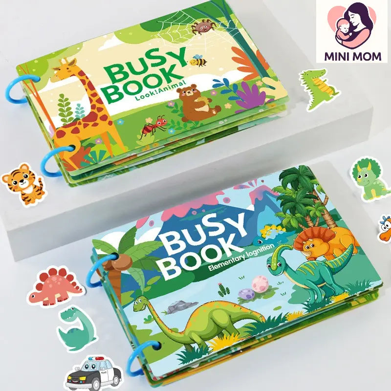 Two colorful 'Busy Book' educational toys with animal and dinosaur illustrations, featuring the brand 'Mini Mom'.