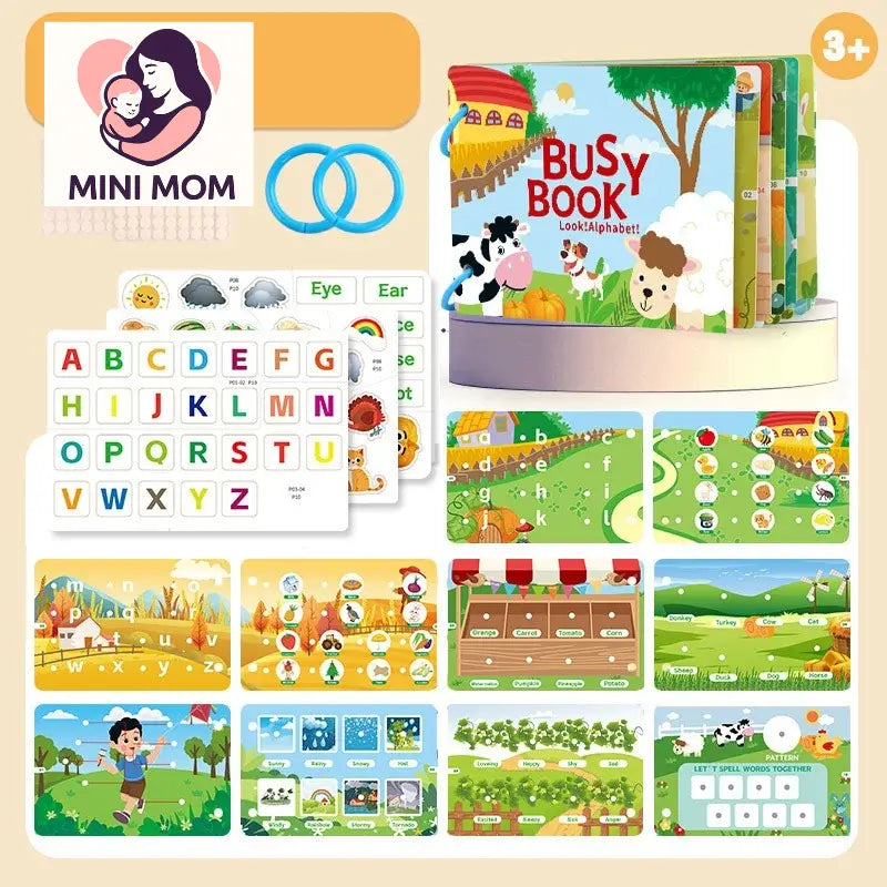 Educational children's toys including a 'Busy Book' and alphabet cards on a beige background.